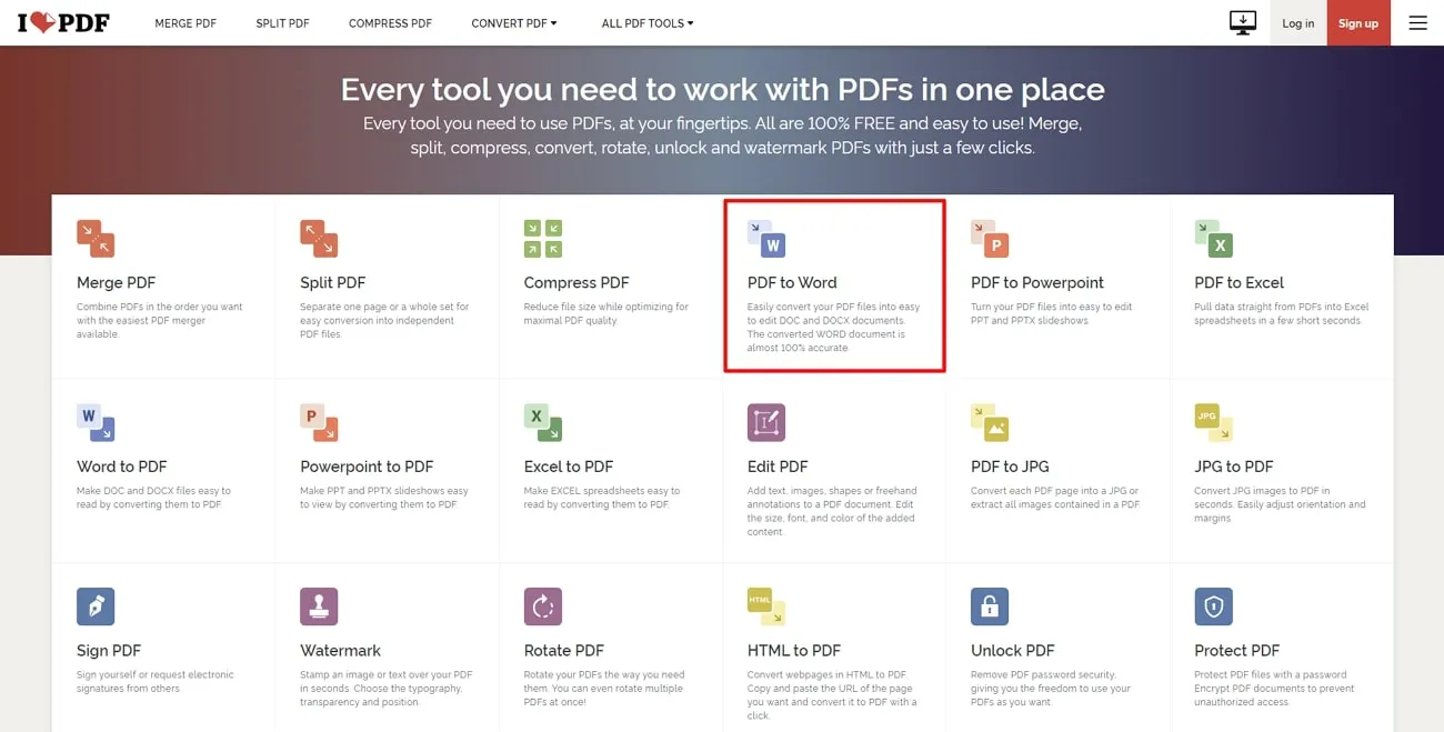 select pdf to word option in ilovepdf