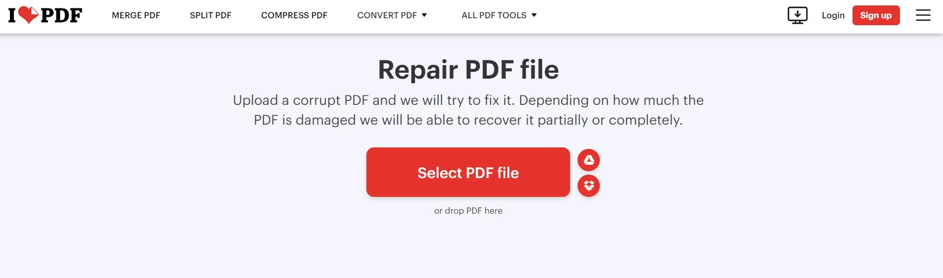 repair pdf file adobe select file ilovepdf