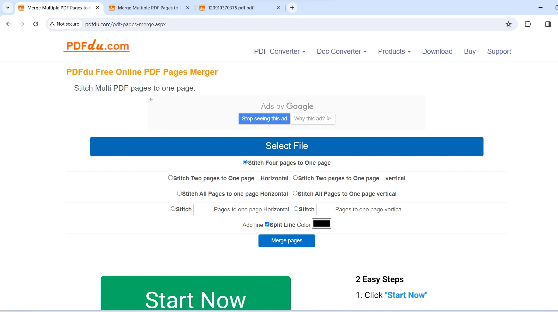 merge pdf pages to one page pdfdu select file