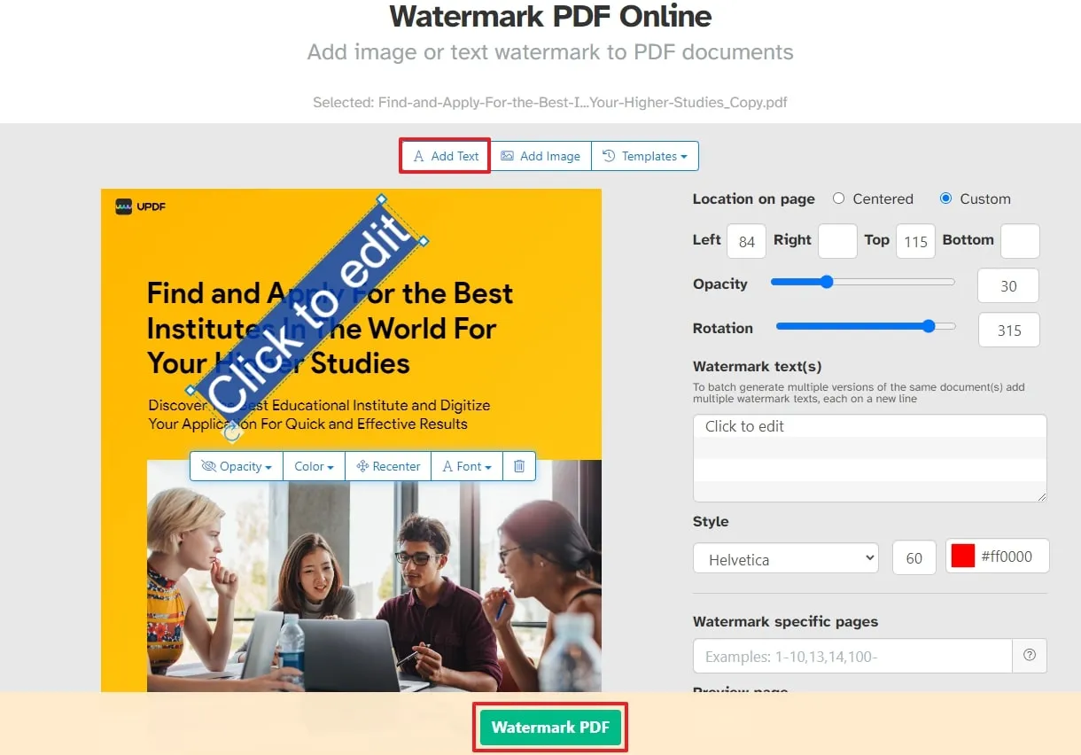 add watermark to pdf online customize text watermark