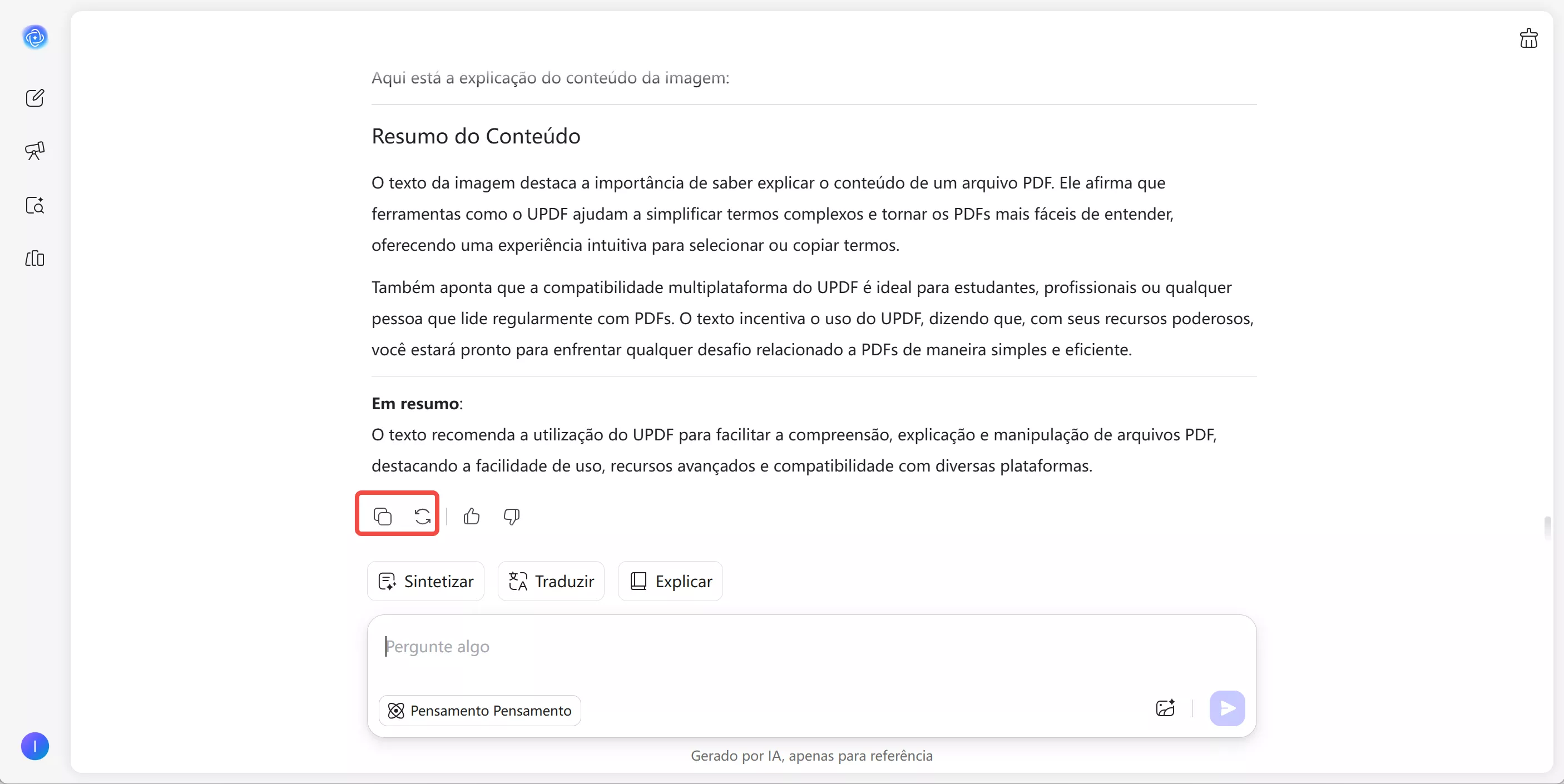 copie ou regenere os resultados do chatbot de updf ai