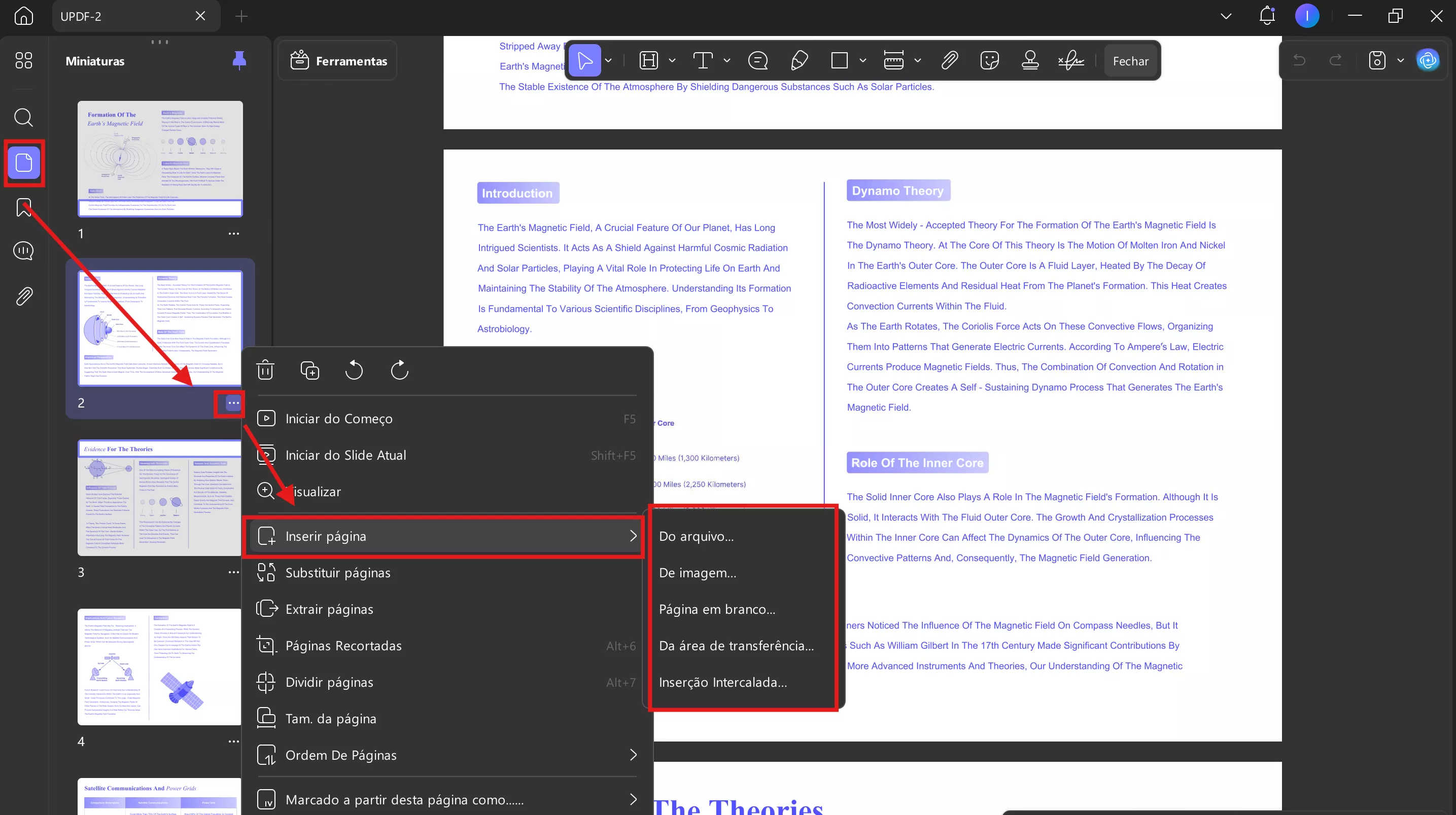 inserir páginas em janelas updf de miniaturas