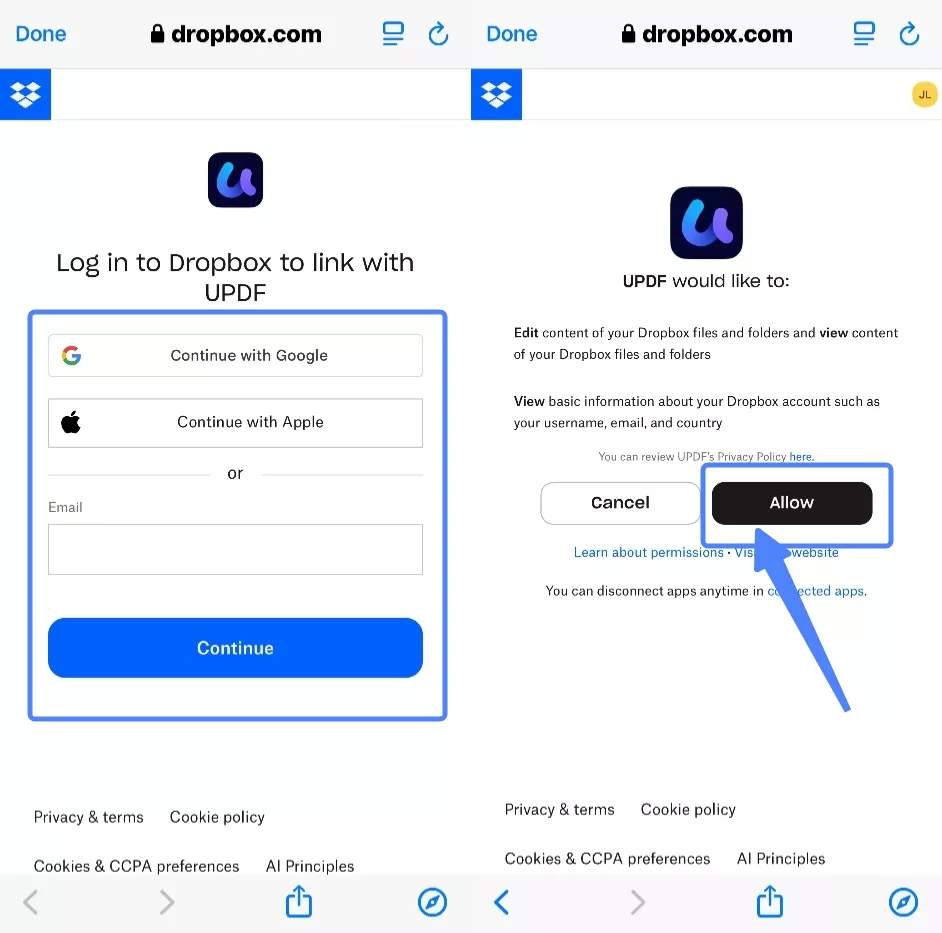 link to dropbox account