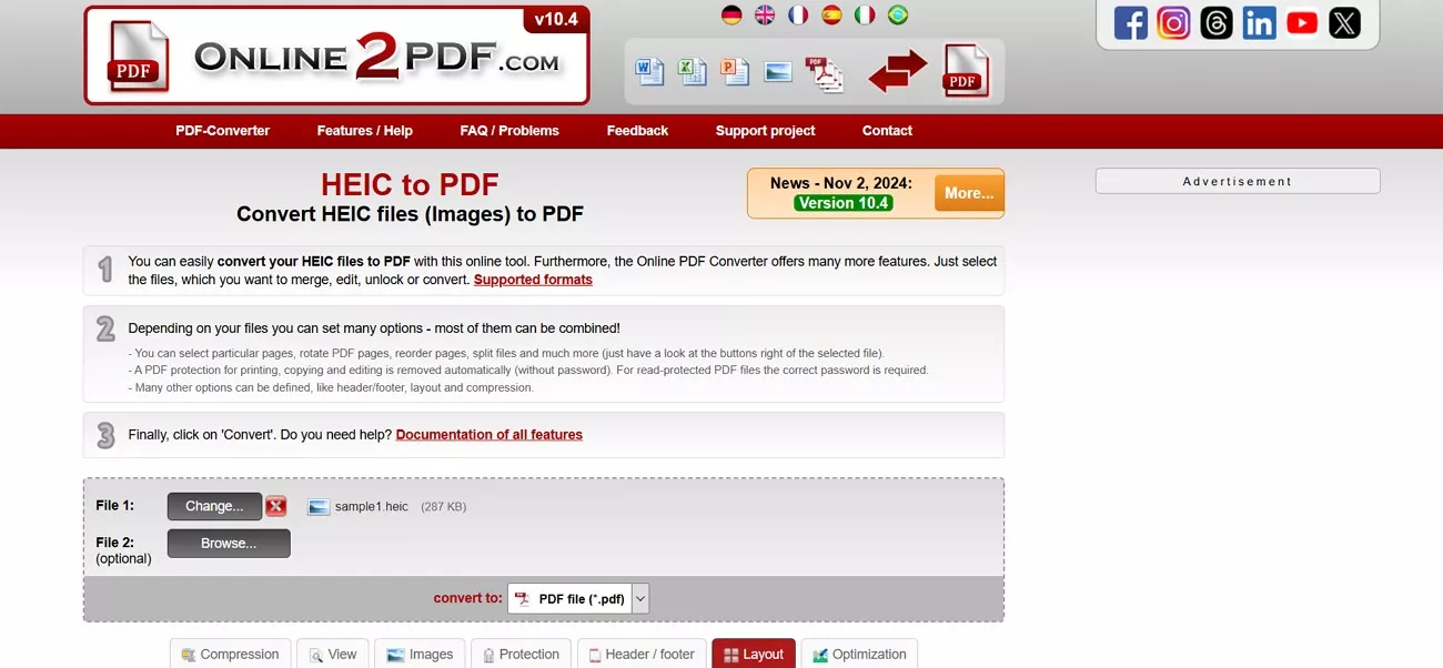 online2pdf heic to pdf interface