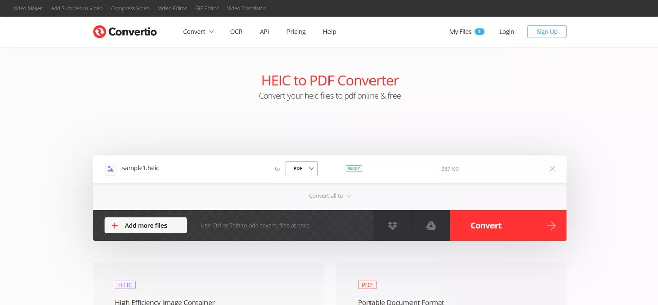 convertio heic to pdf converter display