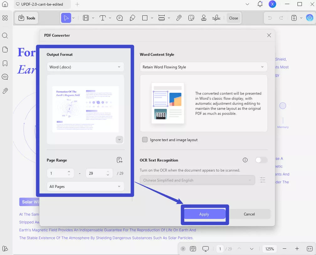 adjust settings and click export to pdf to word updf