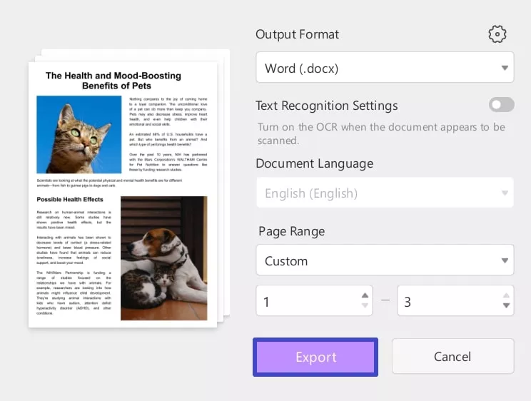 set output format and export updf