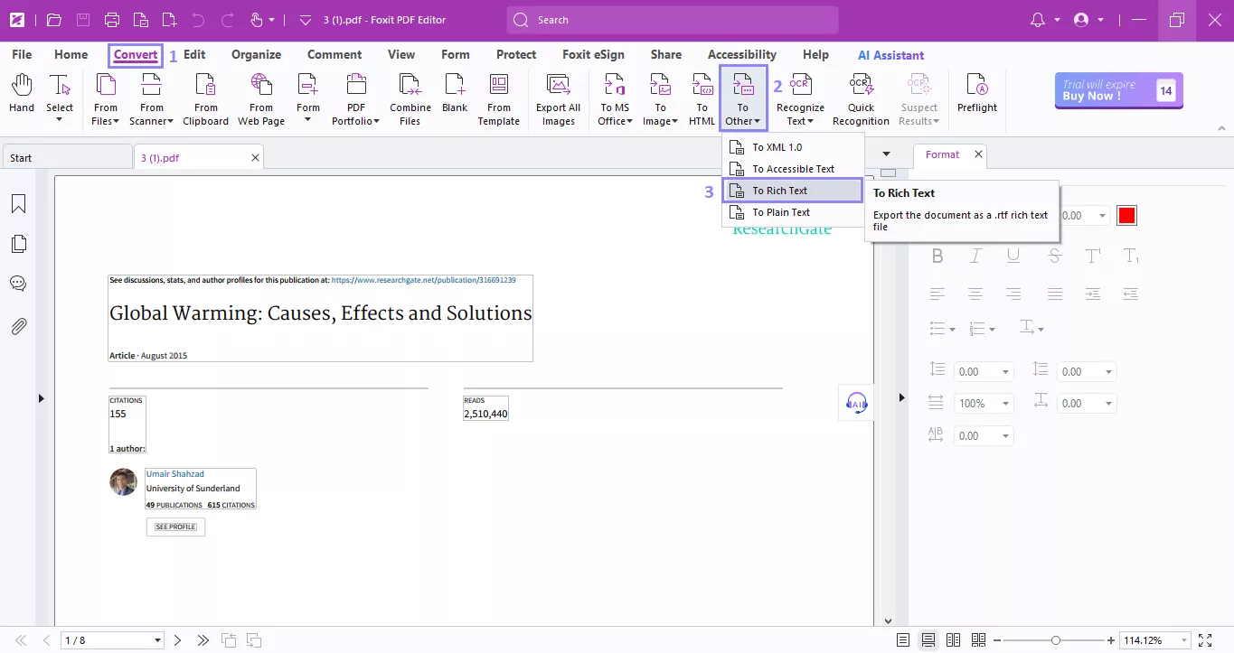 convert pdf to rtf using foxit