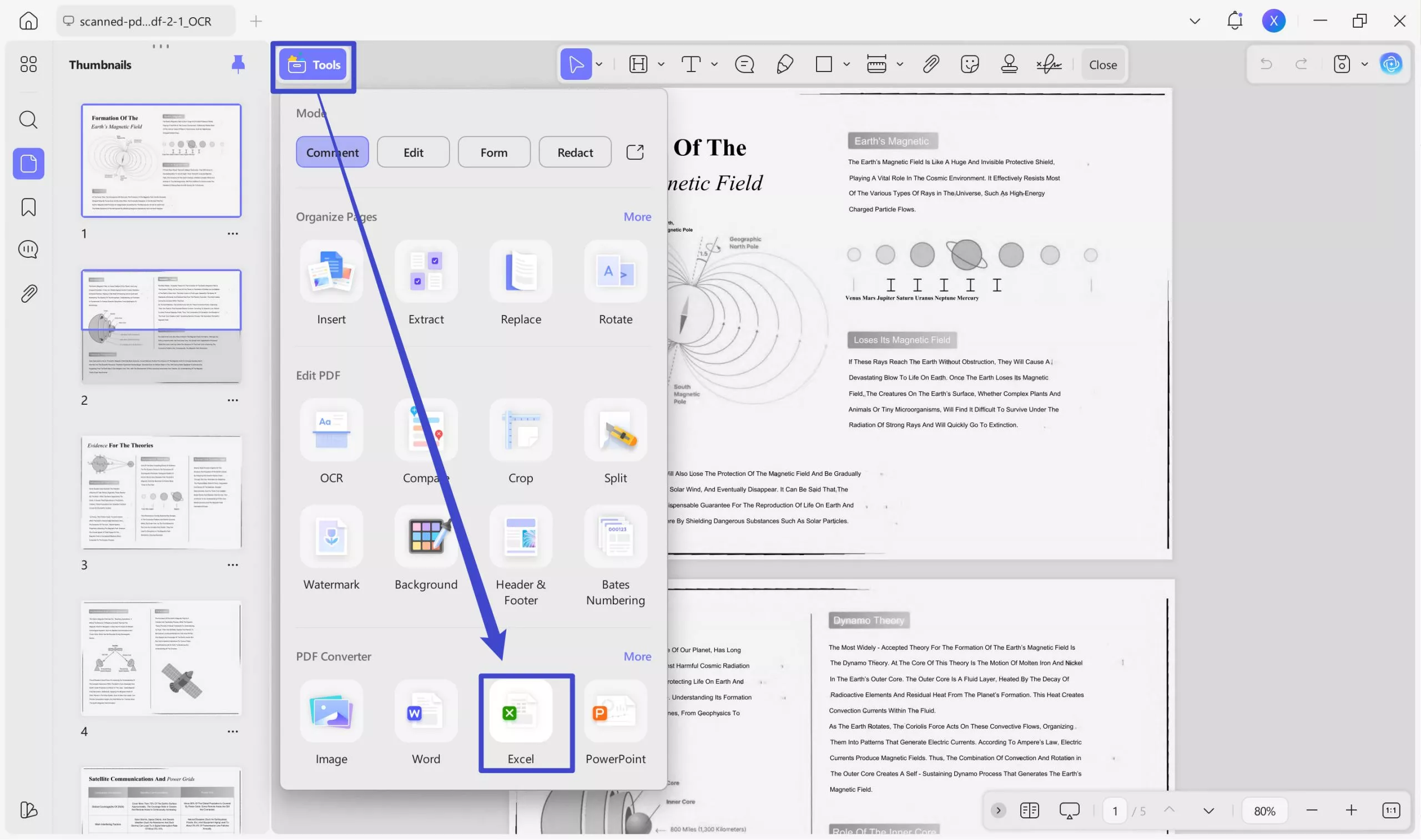 export scanned pdf as excel in updf on windows