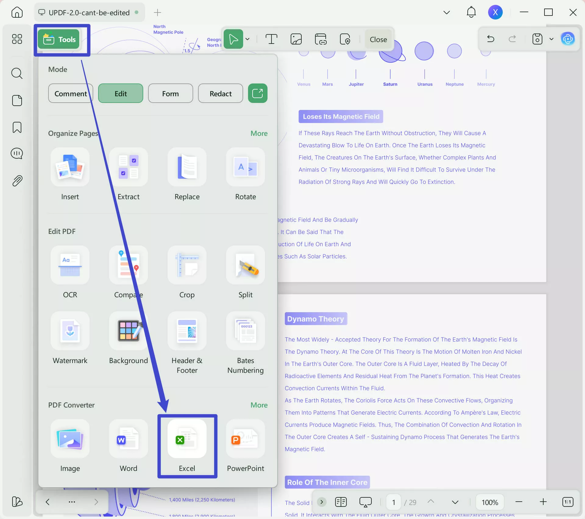 export pdf as excel with updf on windows