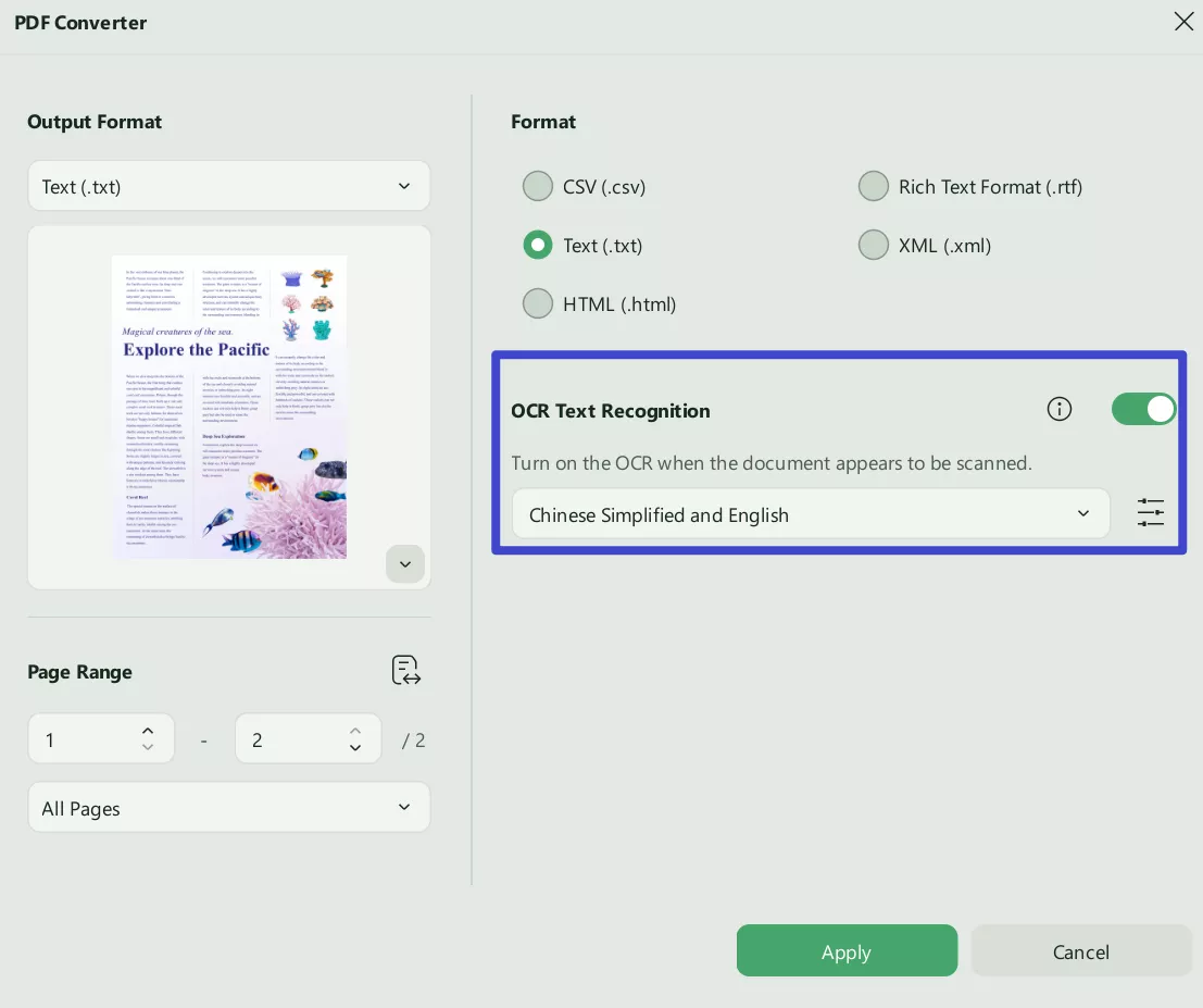 Toggle on "Text Recognition Settings", and click "Export".