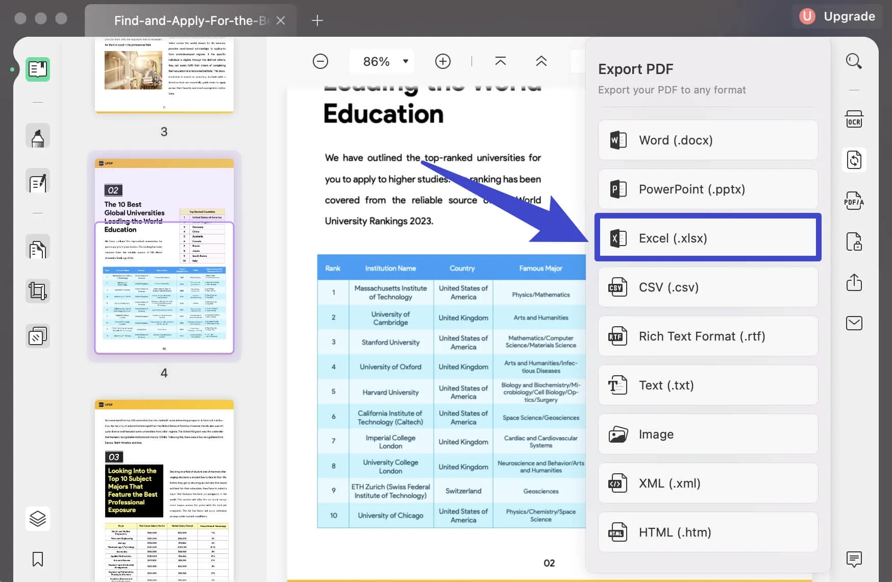 Sélectionner le format de sortie comme Excel