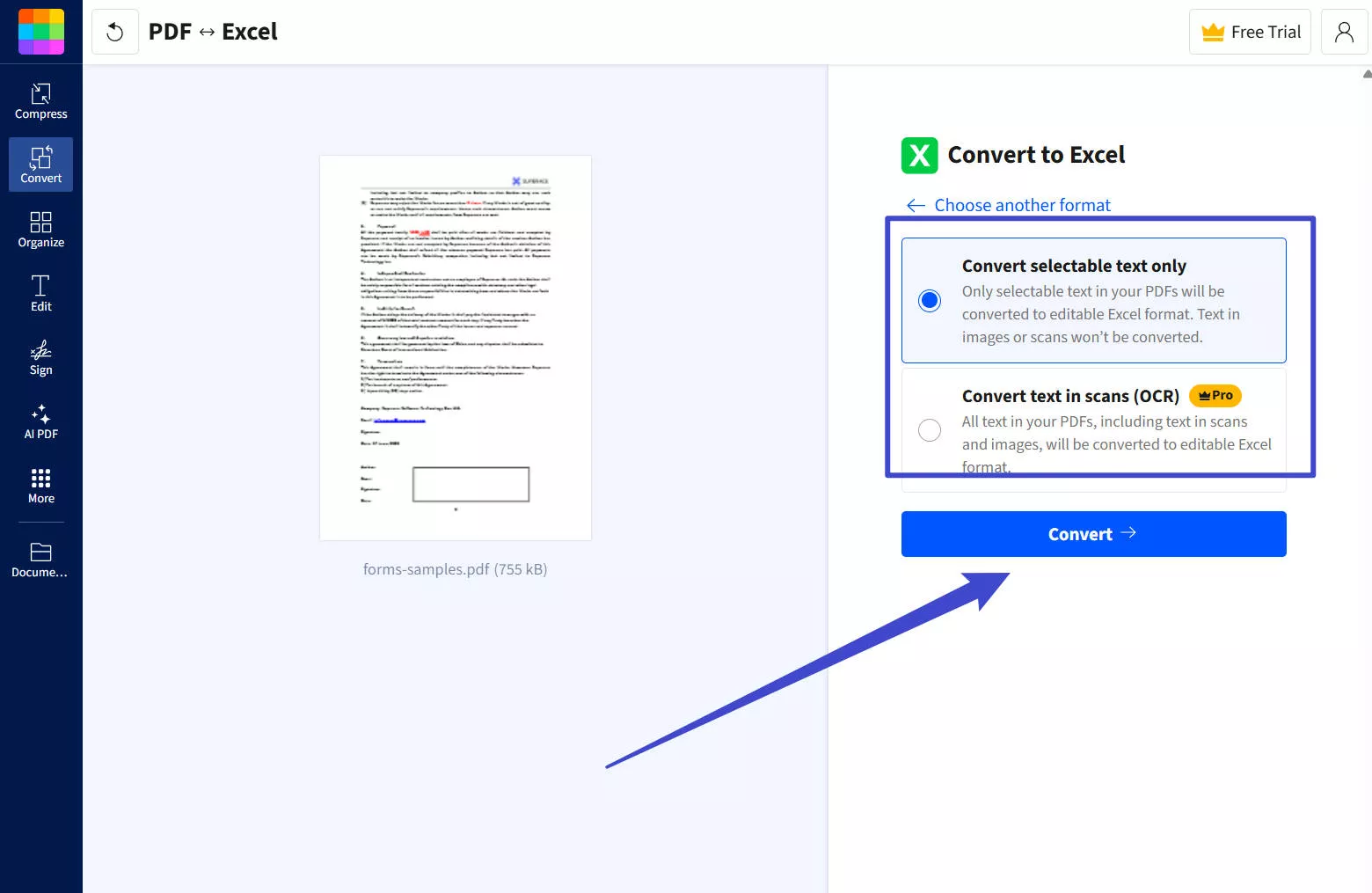 PDF to excel with smallpdf