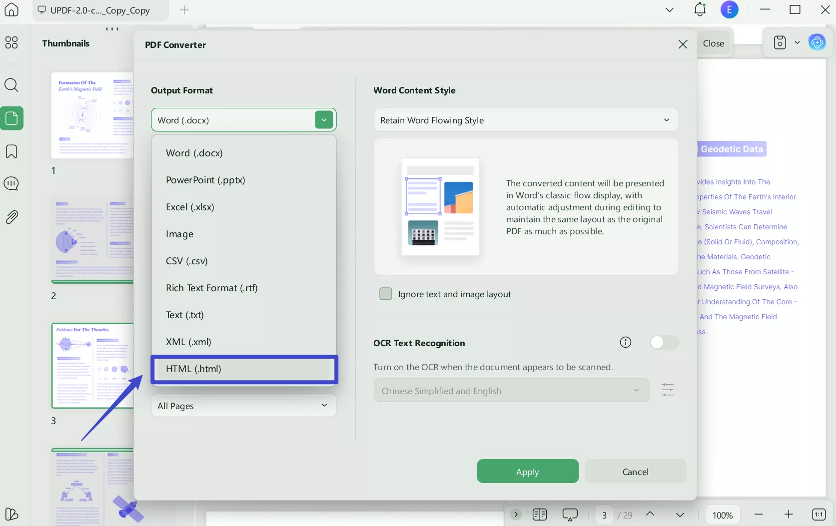 convert pdf to html with export feature