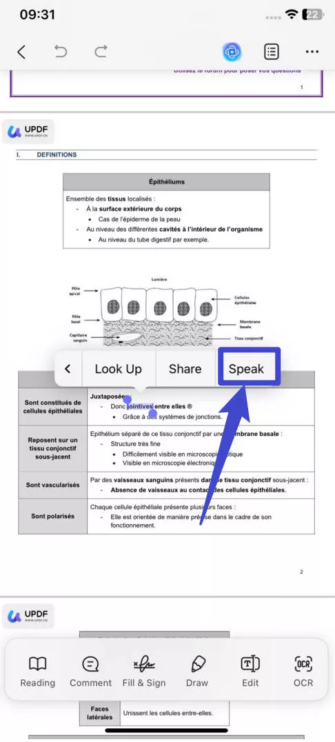 select the speak option in updf for iOS