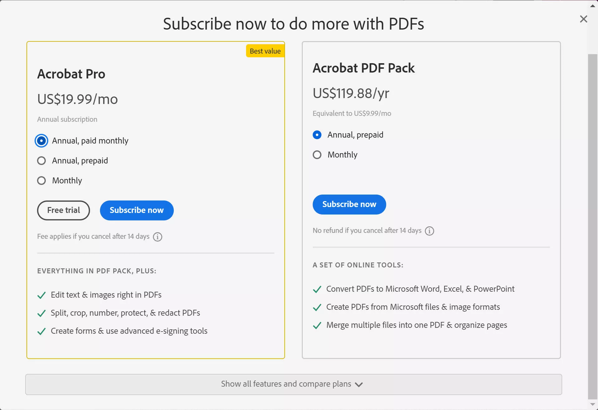 Adobe PDF Editor Online pricing