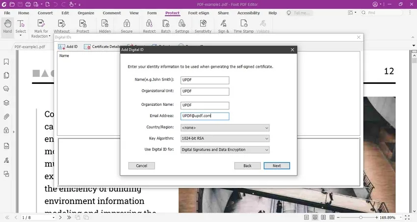 insert the digital id details foxit