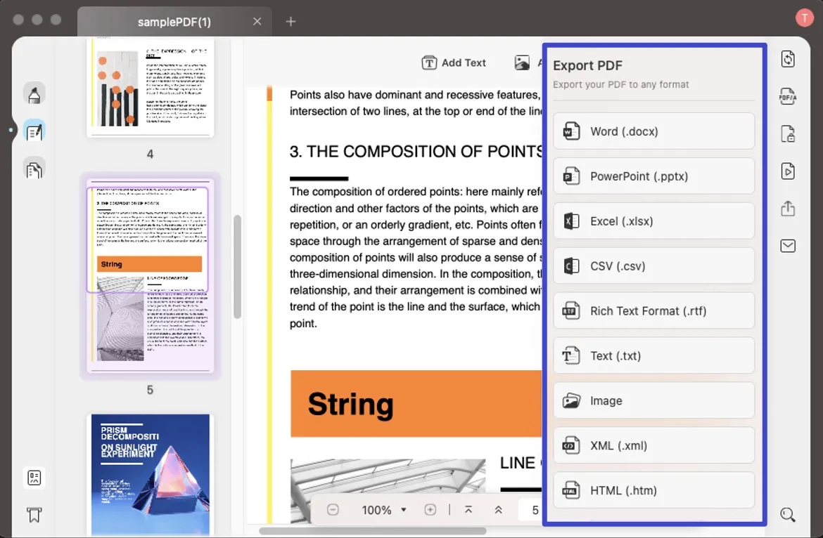 Esporta PDF in vari formati di file