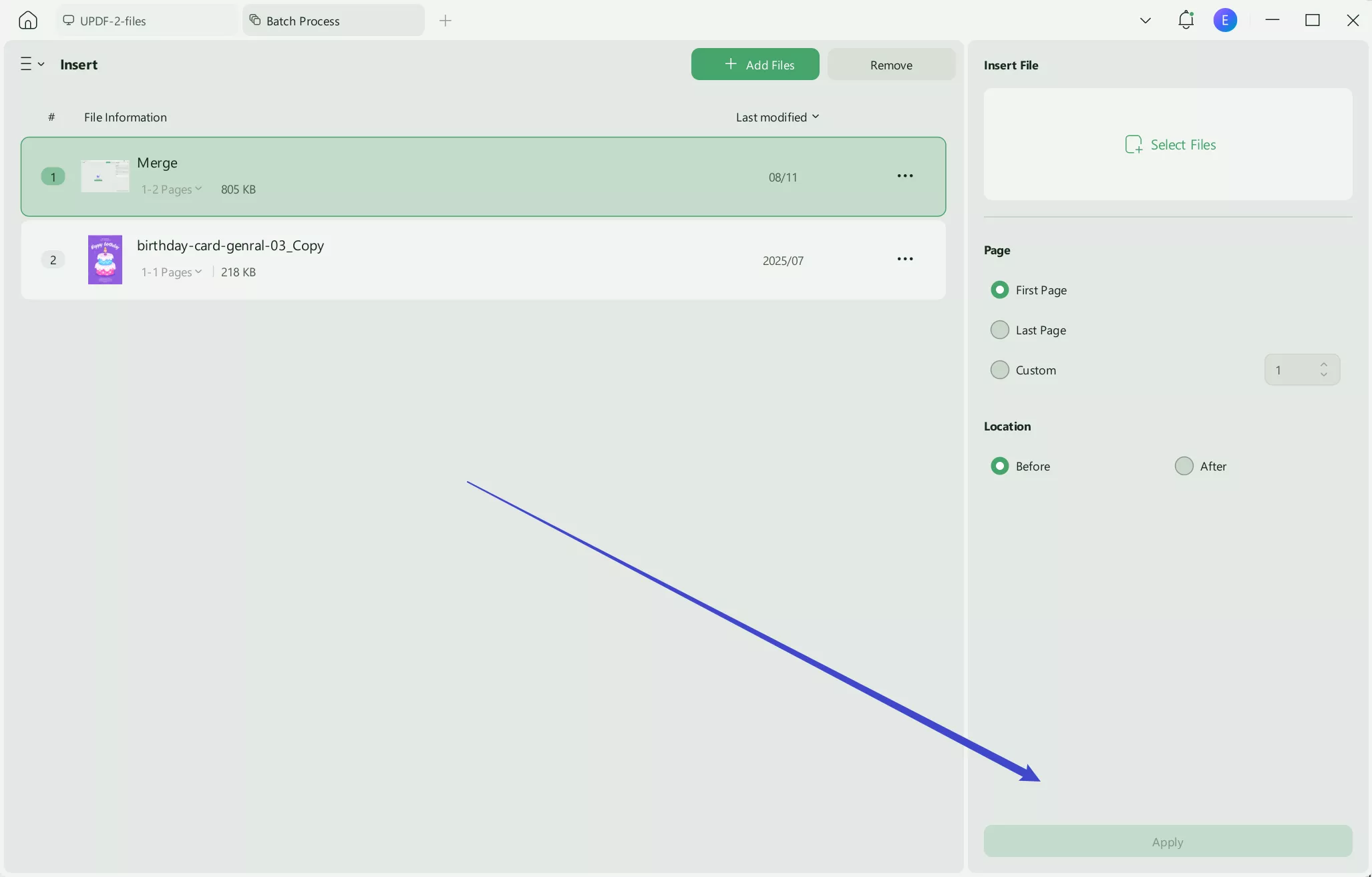 set insertion location and click apply in updf windows