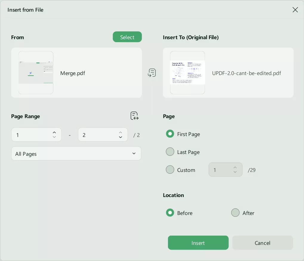 adjust settings and click insert in updf windows