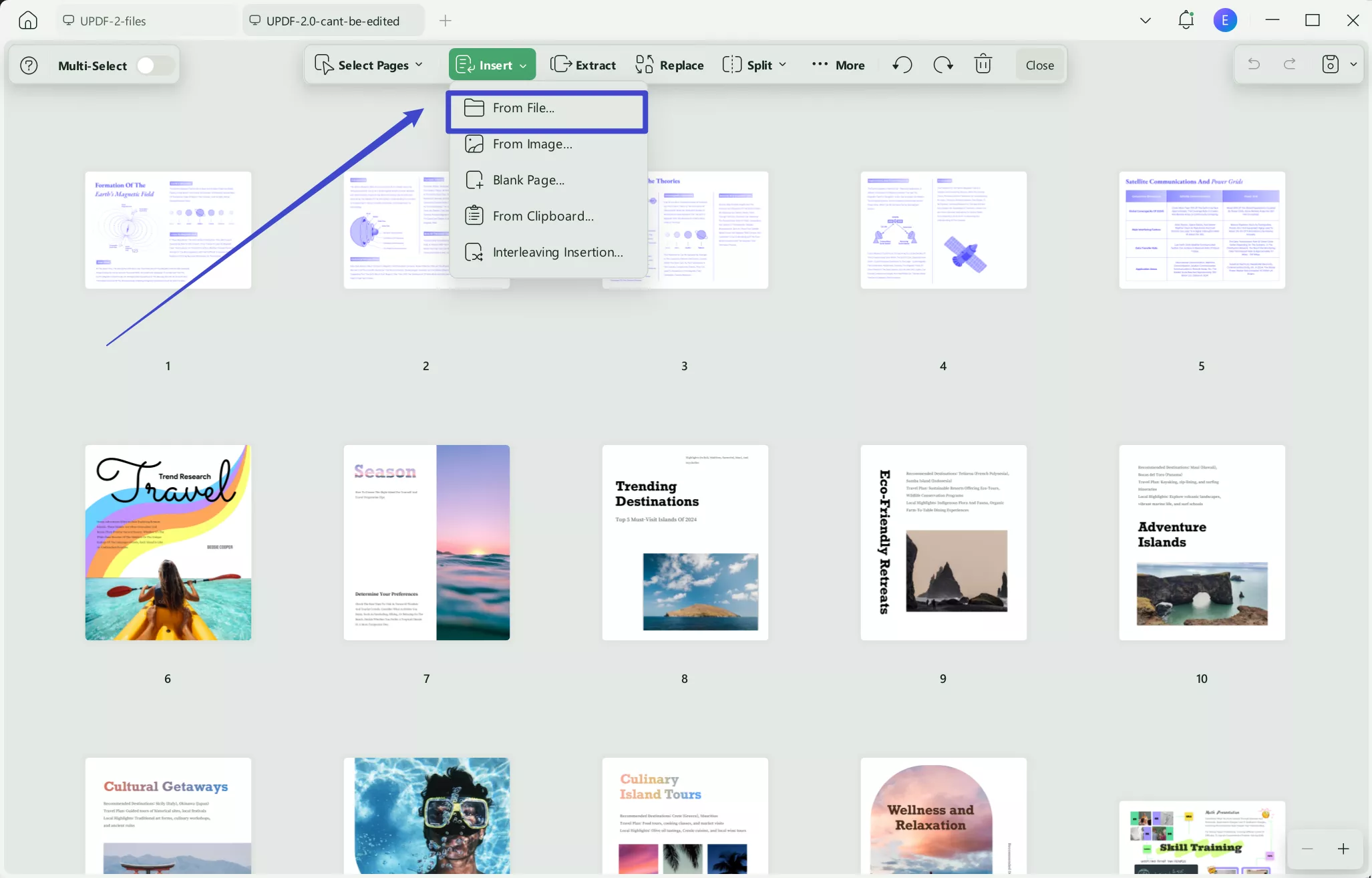 click insert and select the insert from file option in updf windows