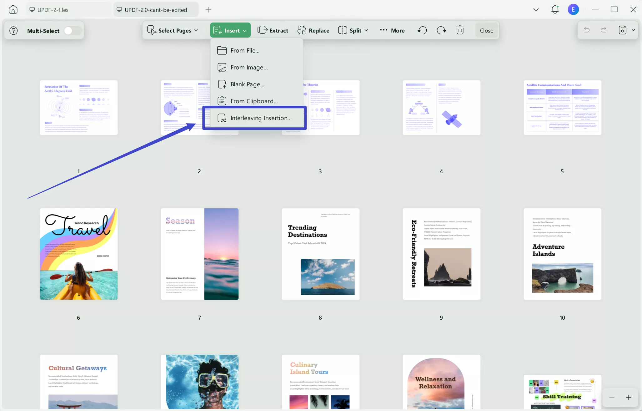 click insert and select interleaving insertion in updf on windows