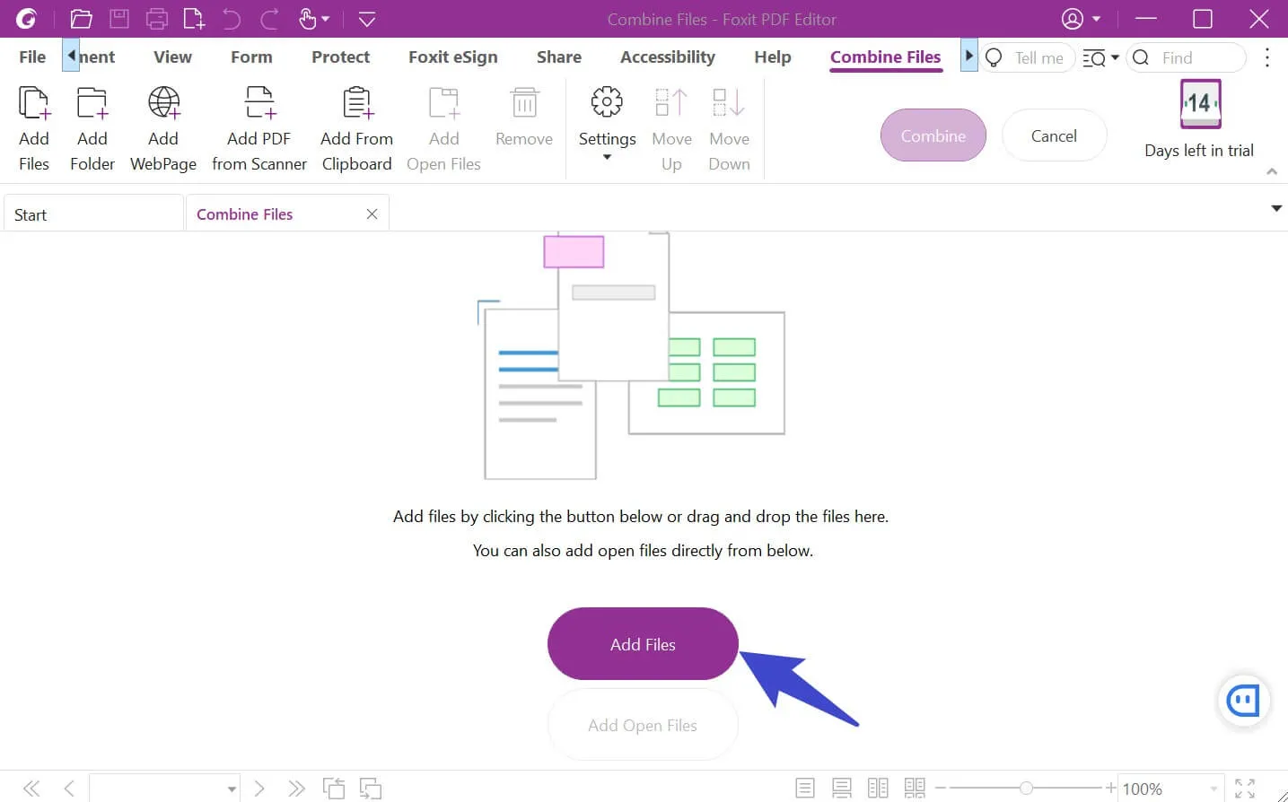 foxit combine pdfs add files