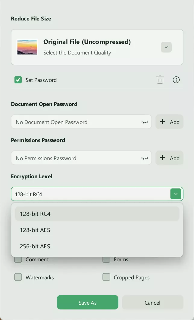 change pdf security settings