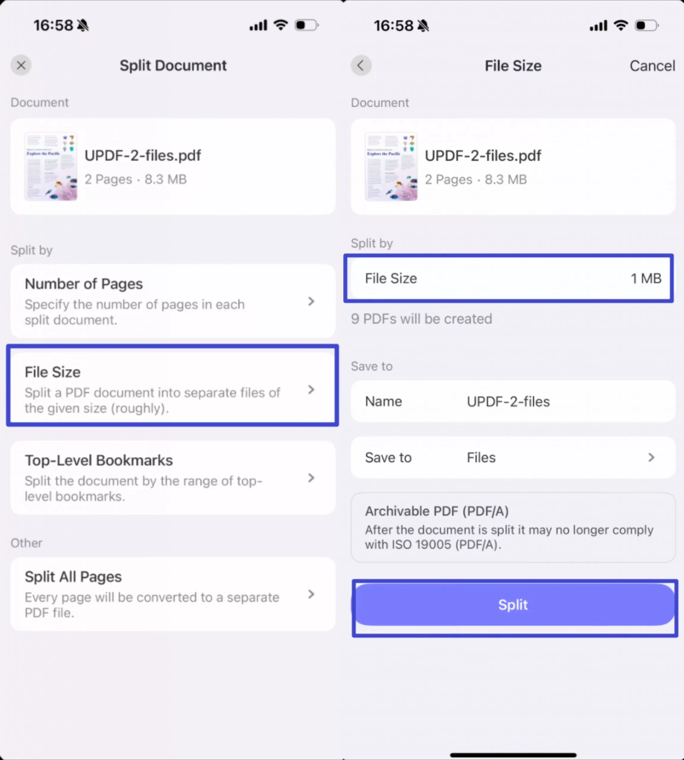 split by size updf app