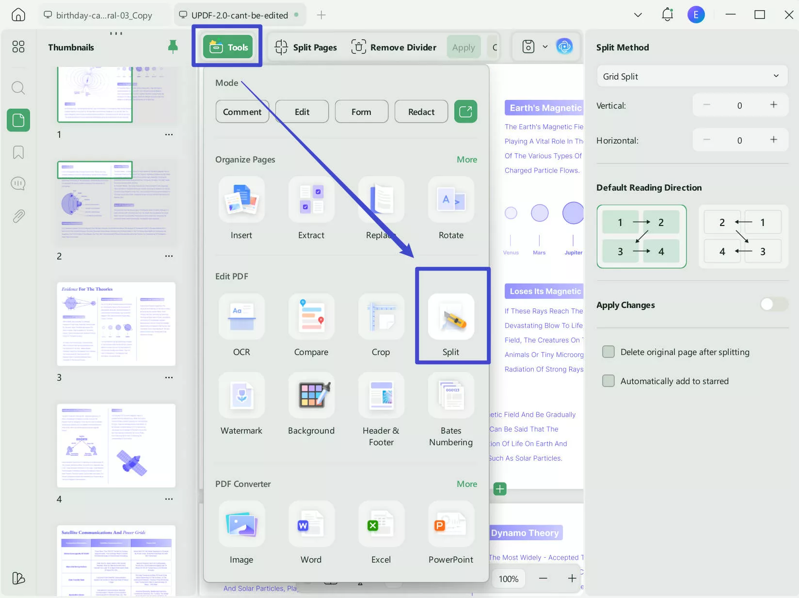 access split feature organize pages