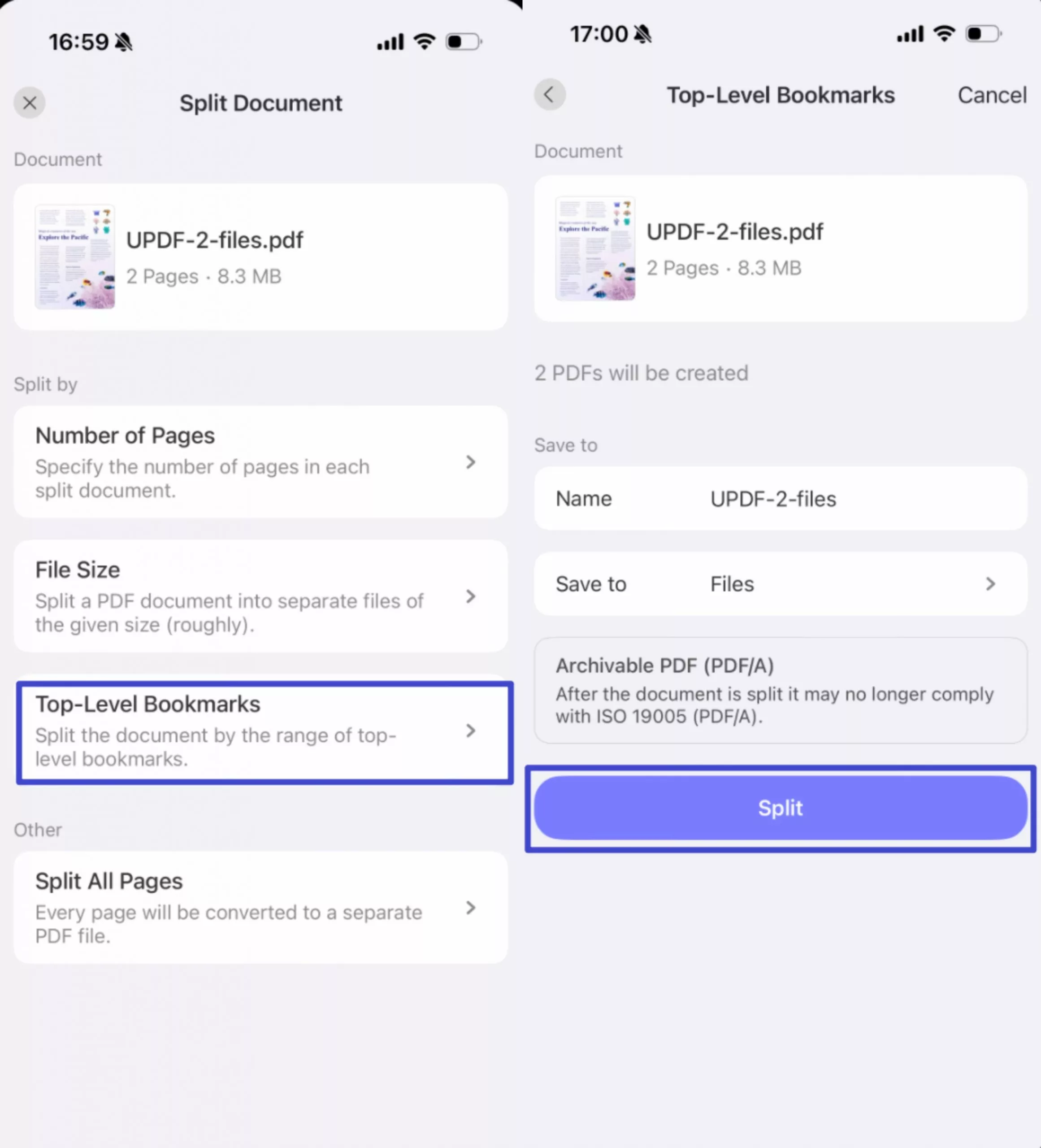 split by bookmark updf app