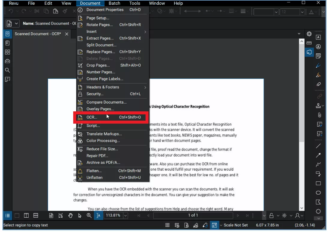 OCR One File with Bluebeam