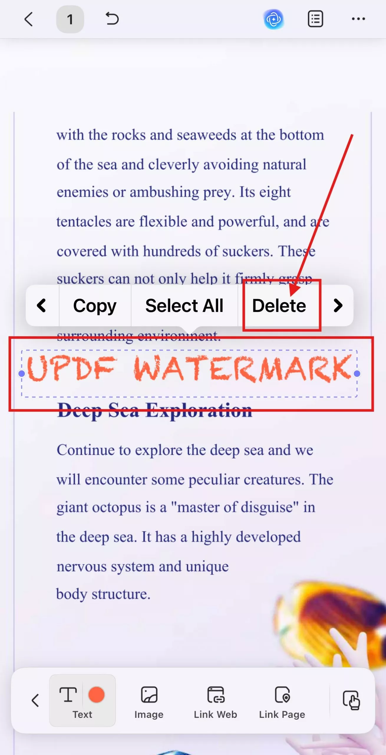 click to delete object updf mobile