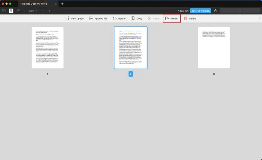 Tippen Sie auf das Symbol Extrahieren, um Seiten aus dem PDF Mac zu extrahieren