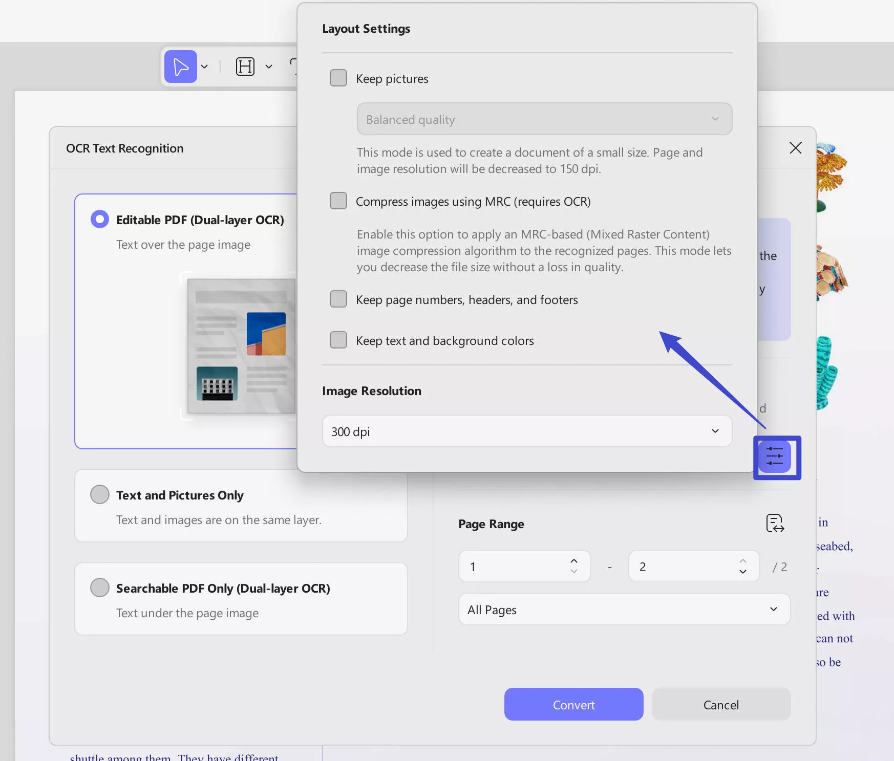 access more layout settings for updf ocr