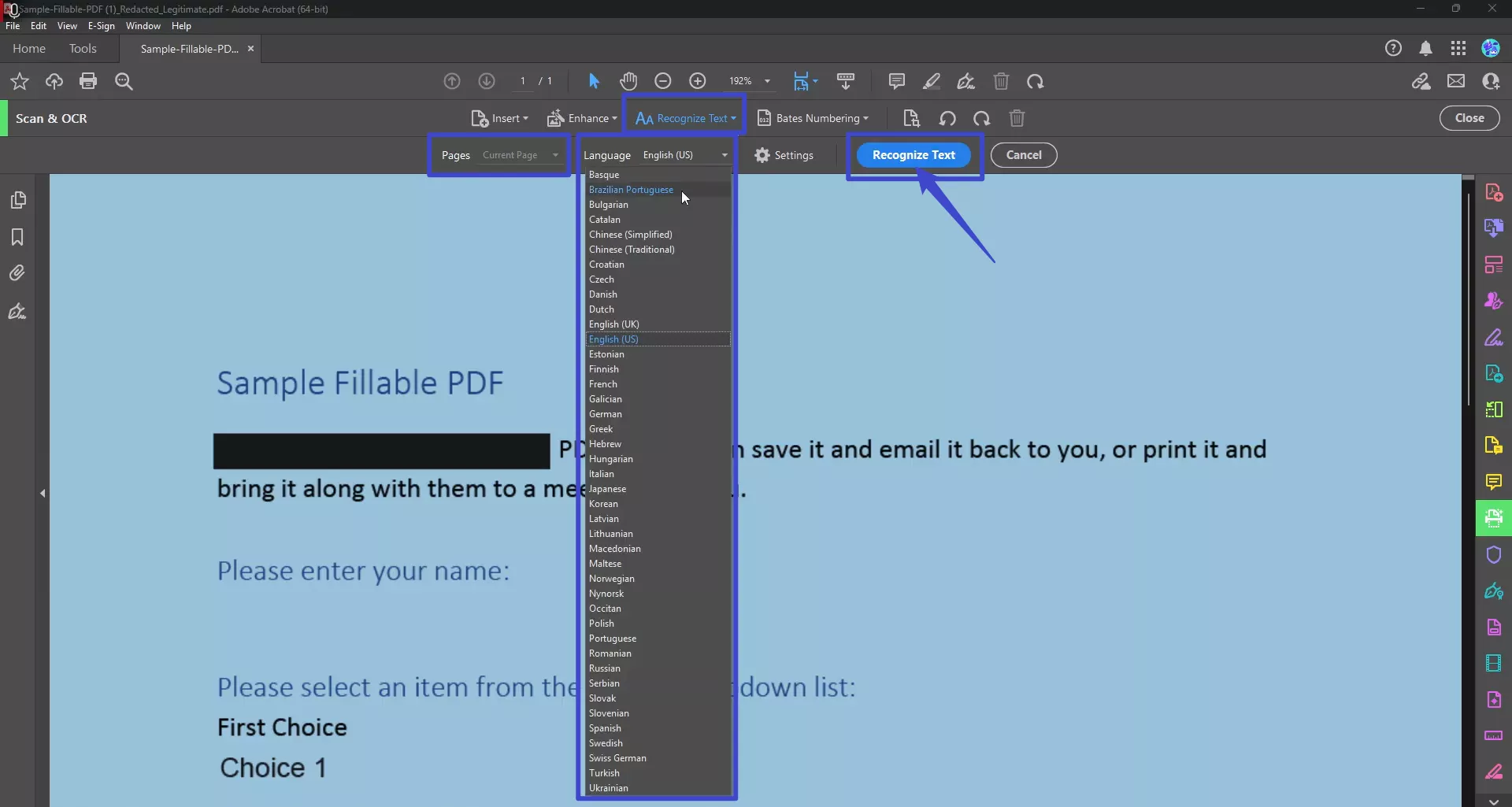 pick the page range to enable ocr