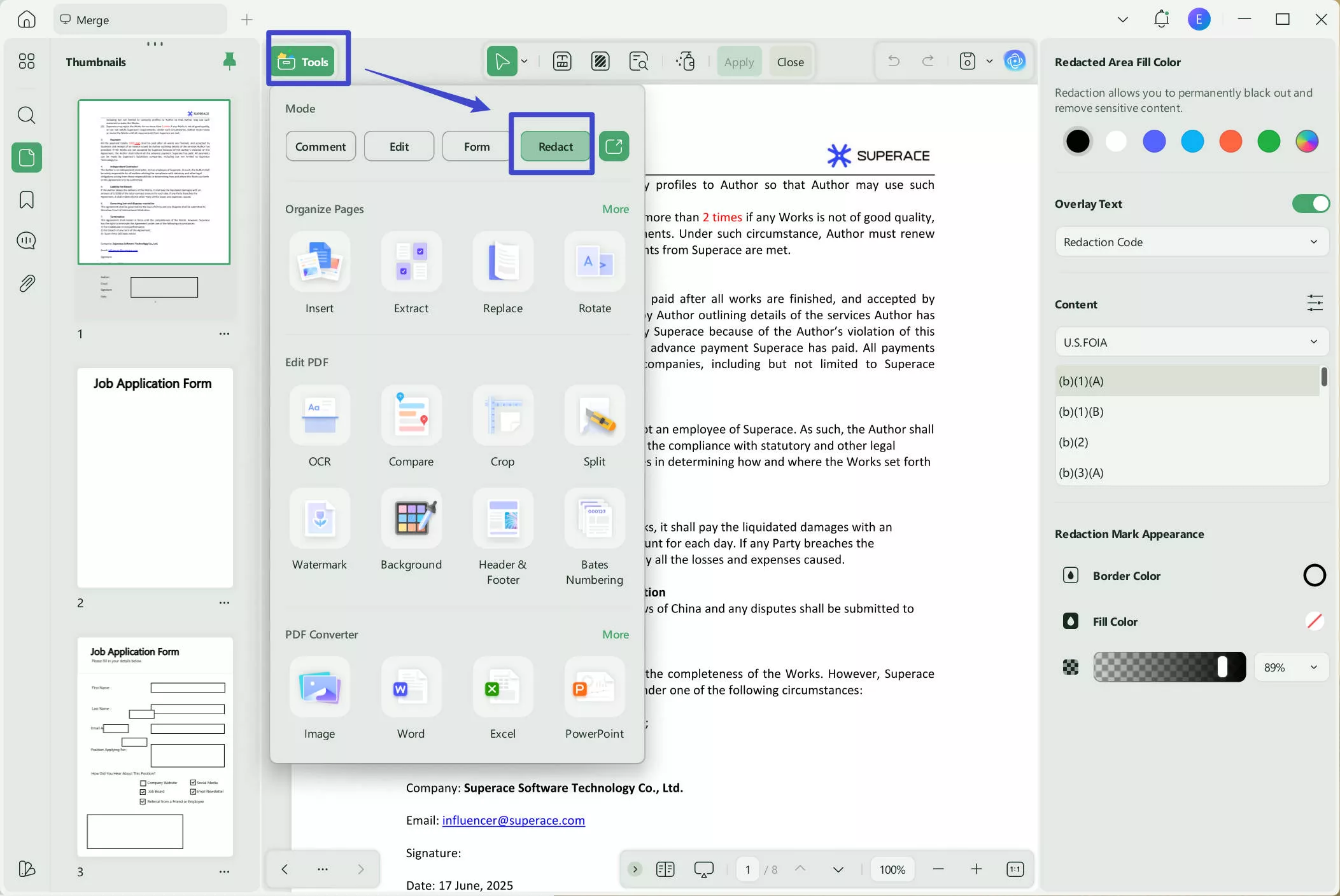 hide text in pdf using redact tool
