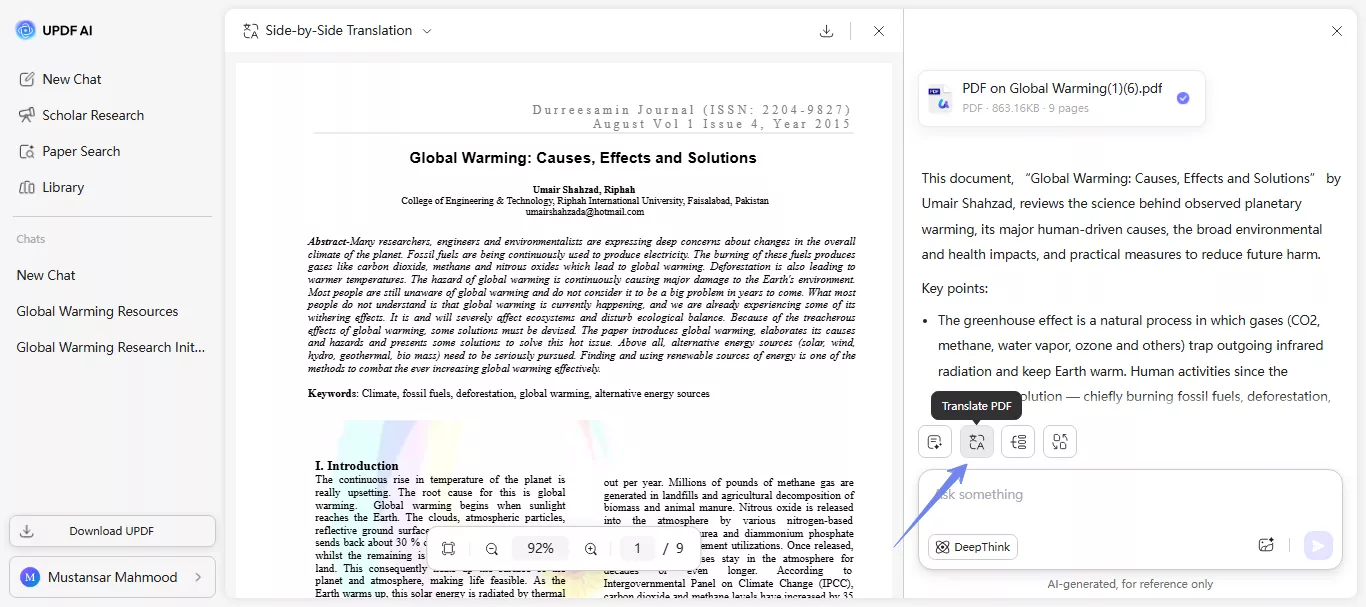 click the translate pdf icon