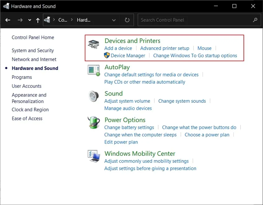 devices and printers option