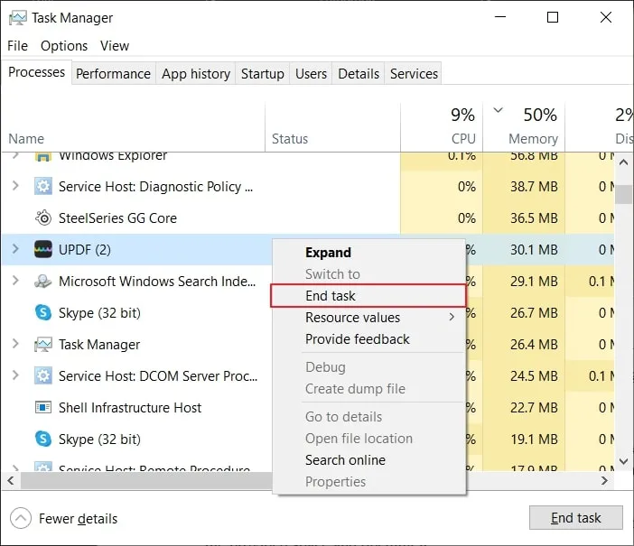 choose the end task option to fix pdf failed to load error