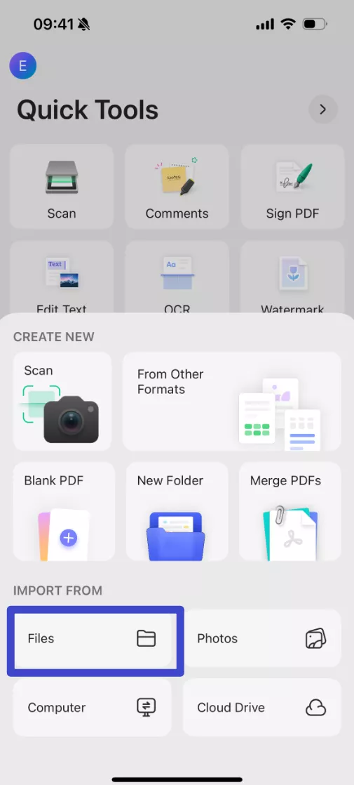 Tap “Files” and upload the image you want to OCR.