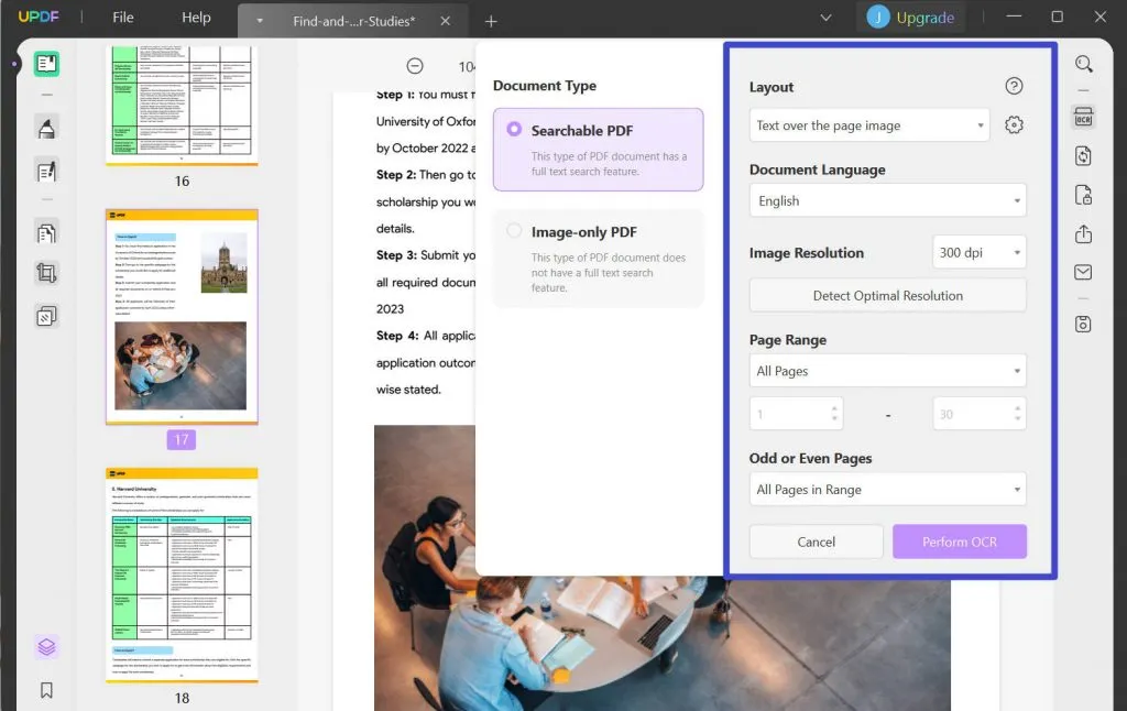 select the document type bluebeam text recognition