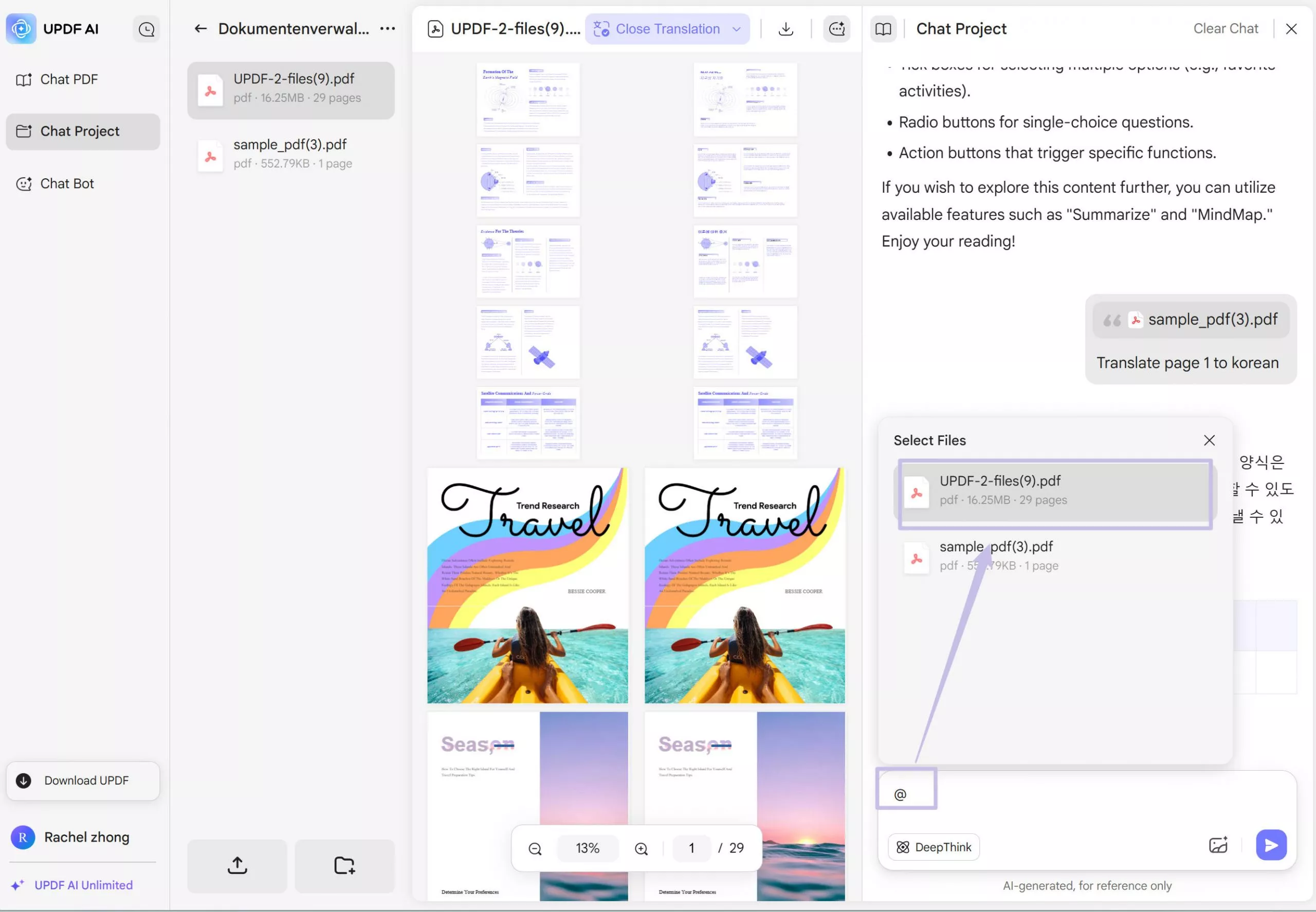select specific file to chat with in project chatting in updf ai online version 2