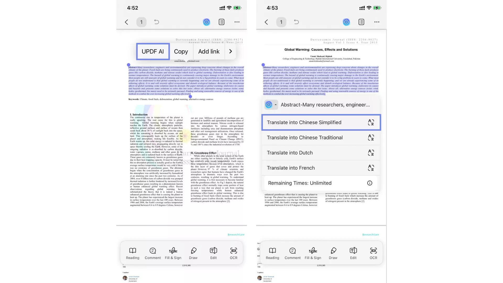 updf ai for selected text translation