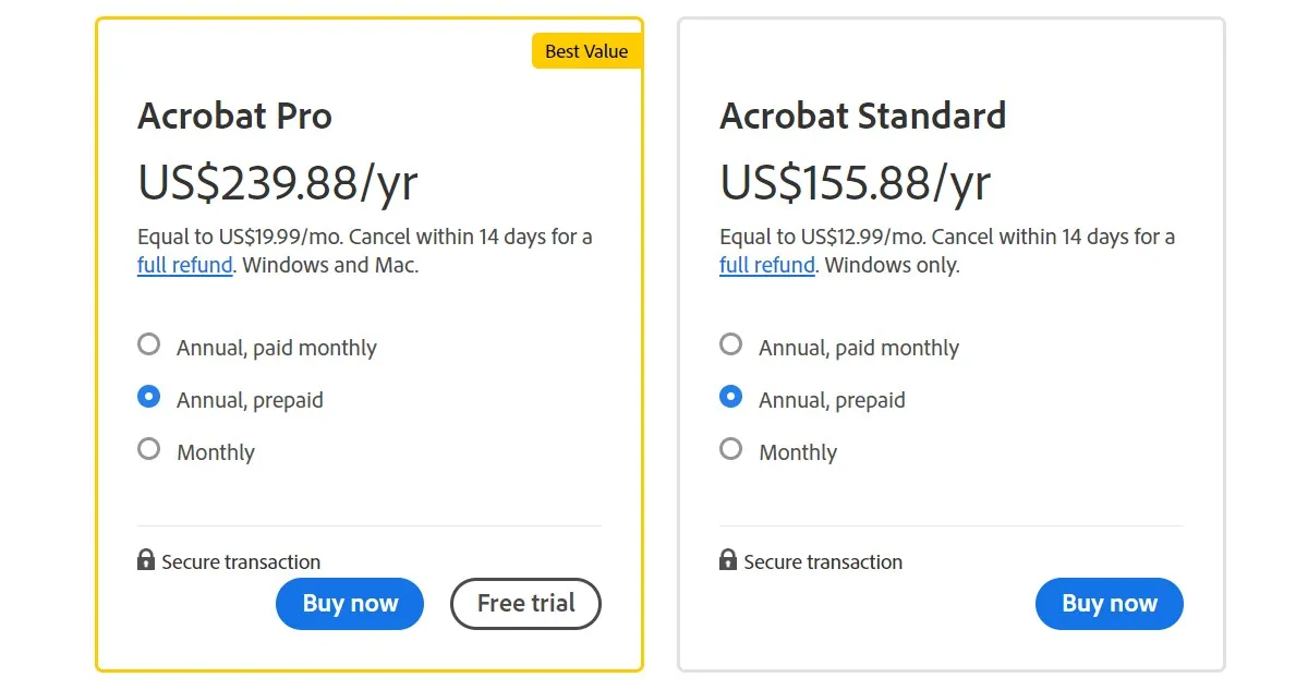 adobe acrobat pricing