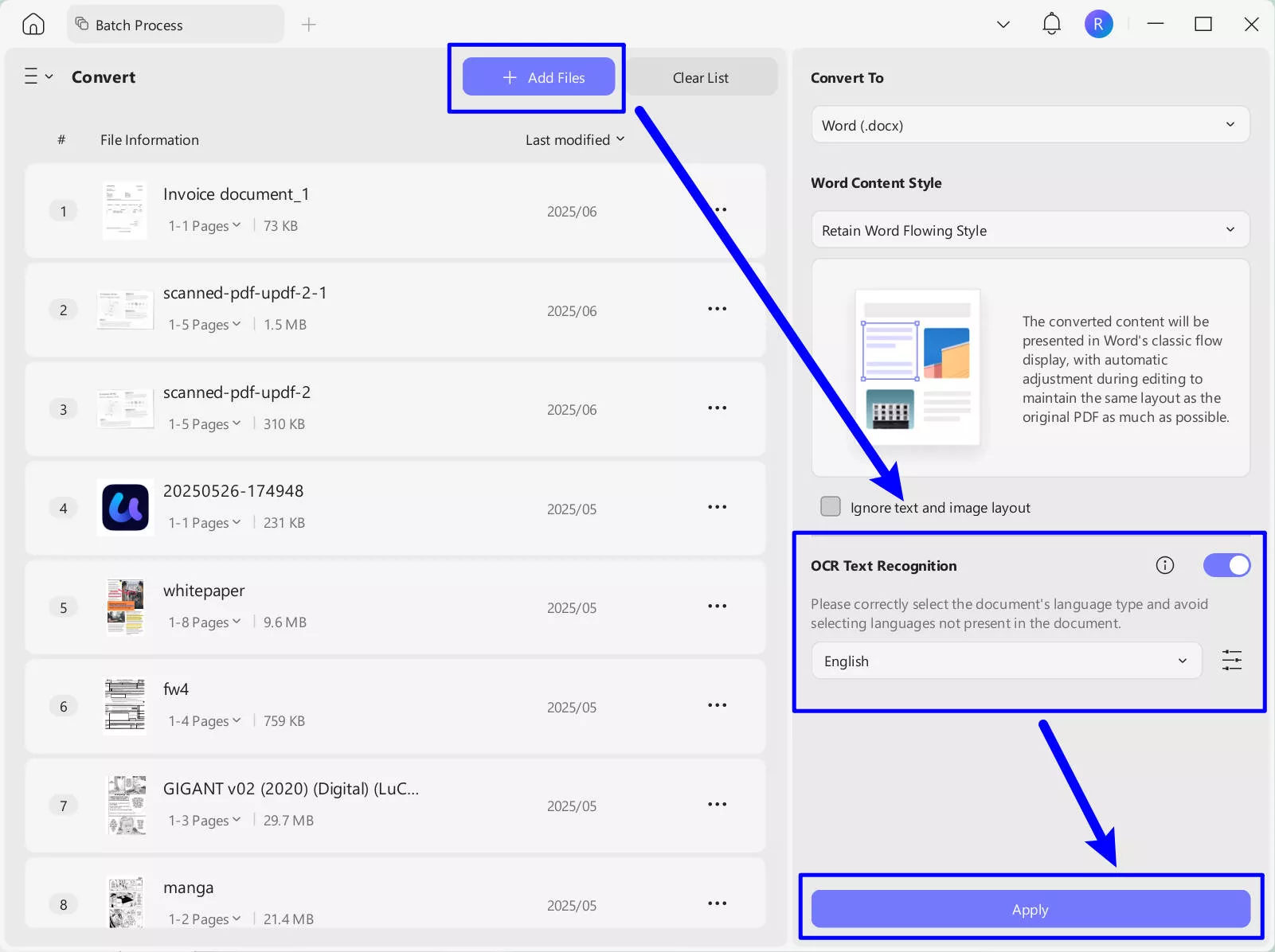 bulk convert scanned pdf to word updf windows