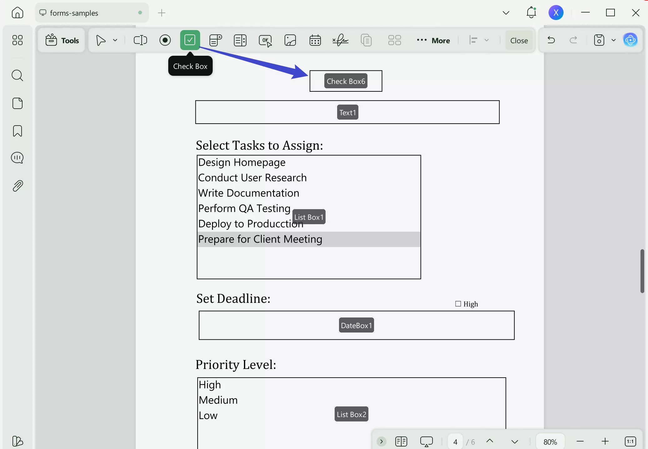 insert check boxes in the form updf windows