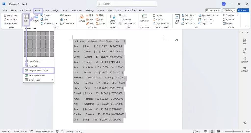 convert text to table in word
