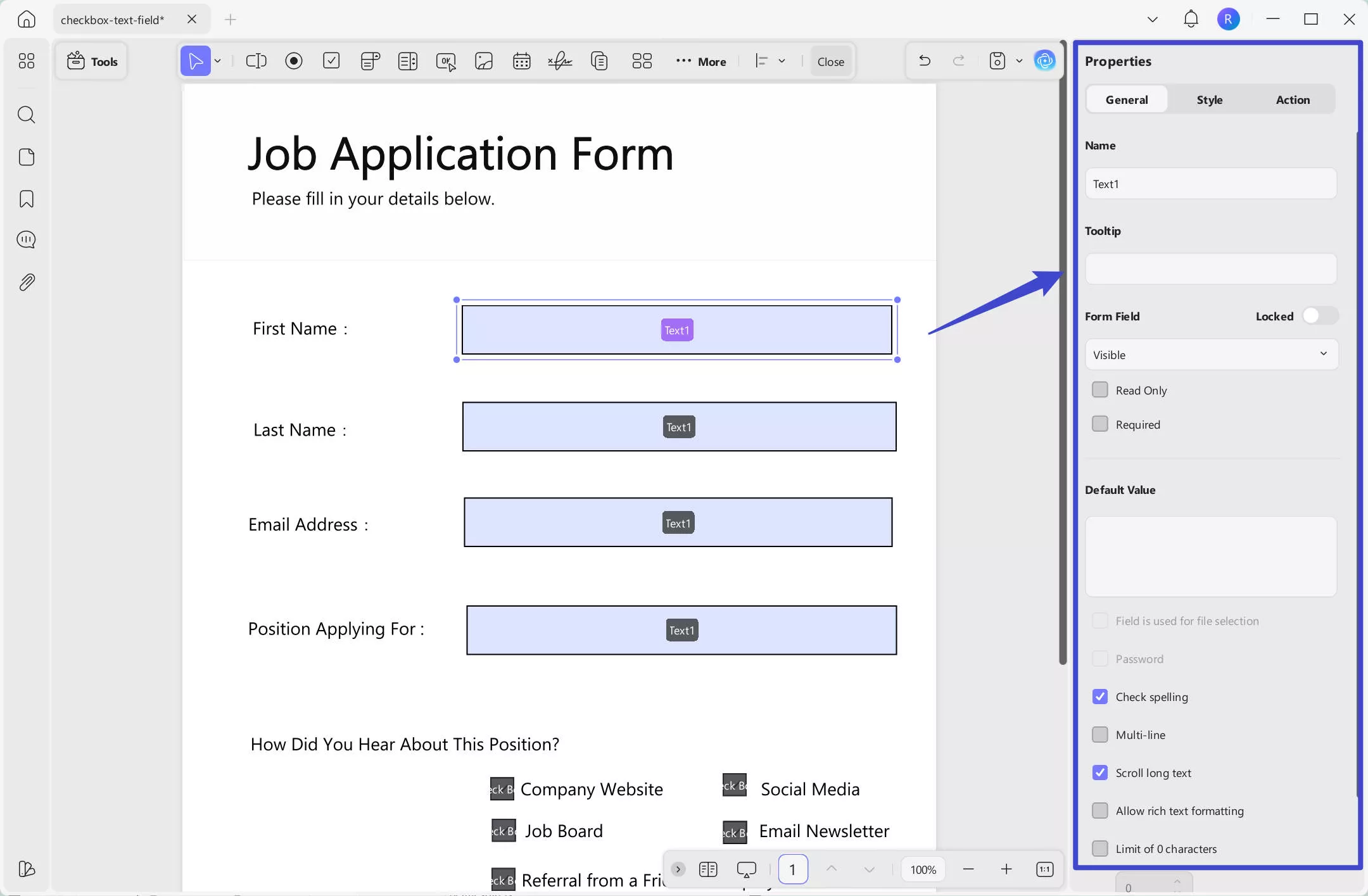 Customize the field properties updf windows