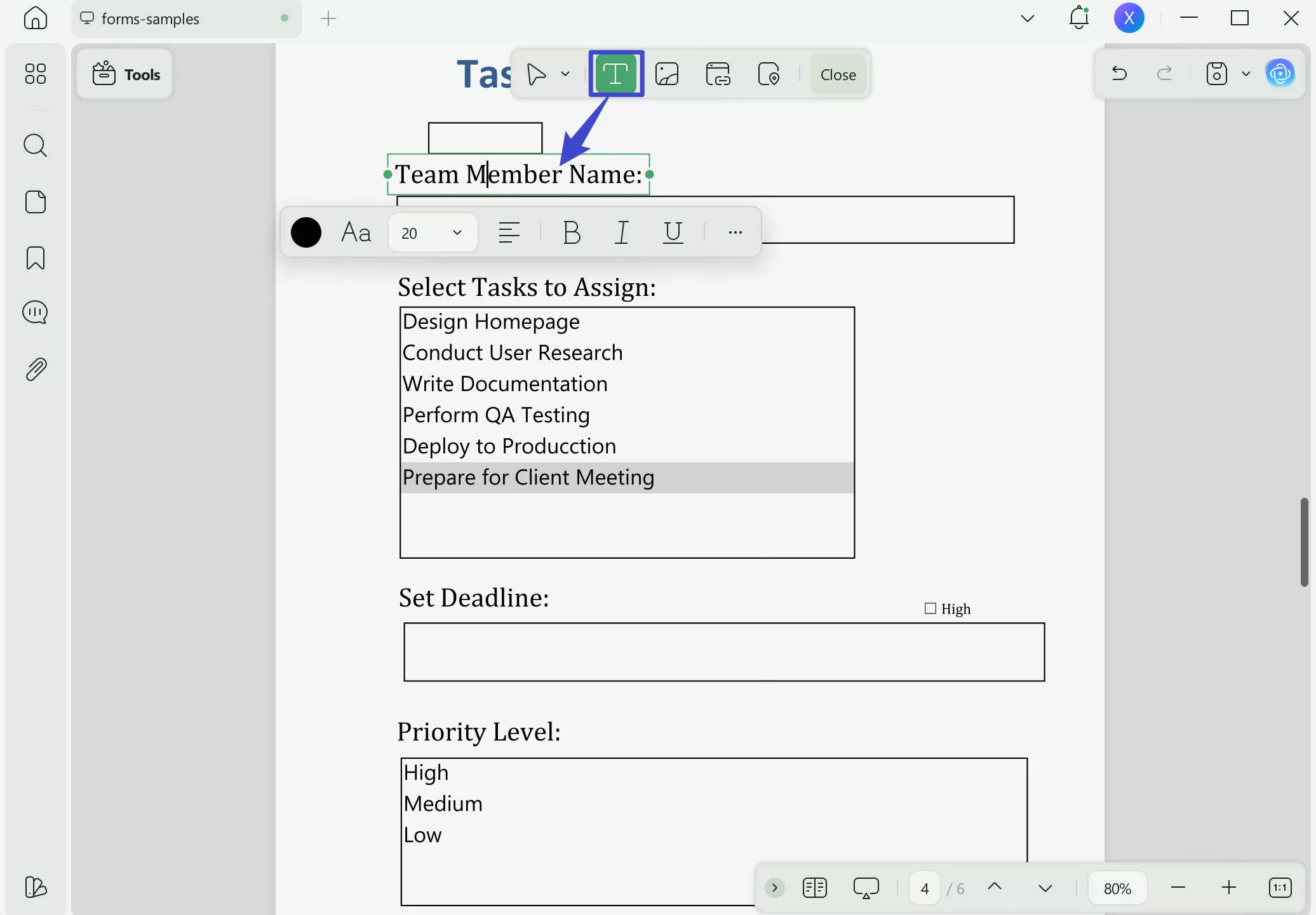 enter the name of the fields in the form updf windows